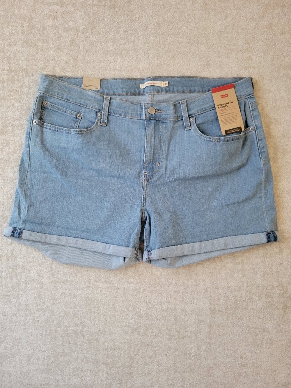 Levi's Hypersoft Mid Length Shorts W34 Womens Light Blue Wash Mid Rise Denim